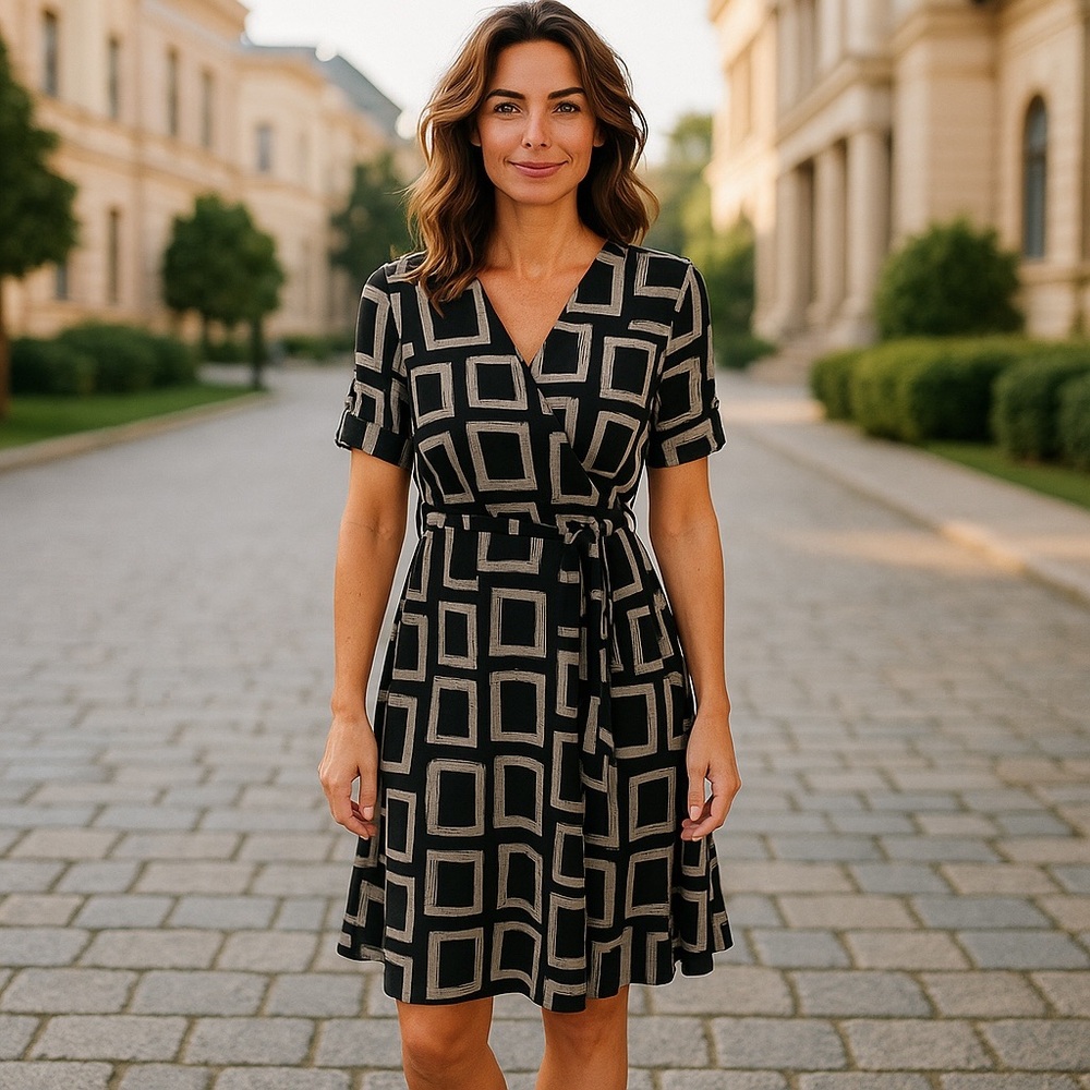 Apt 9 Dize L  NWOT Elegant Black and Gray Geometric Wrap Dress